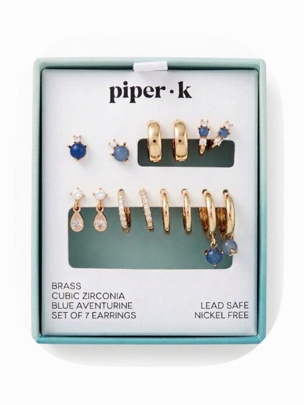 NWT ⚜️💙⚜️ Piper K Gold Toned Earrings Set with Cubic Zirconia & Blue Aventurine